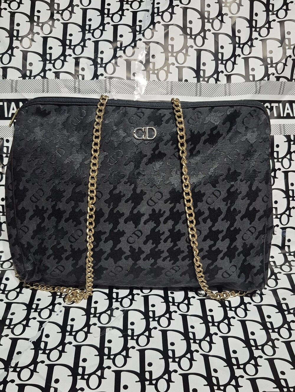 Dior Black Houndstooth CD Monogram Chain Crossbody Bag with Gold Chain